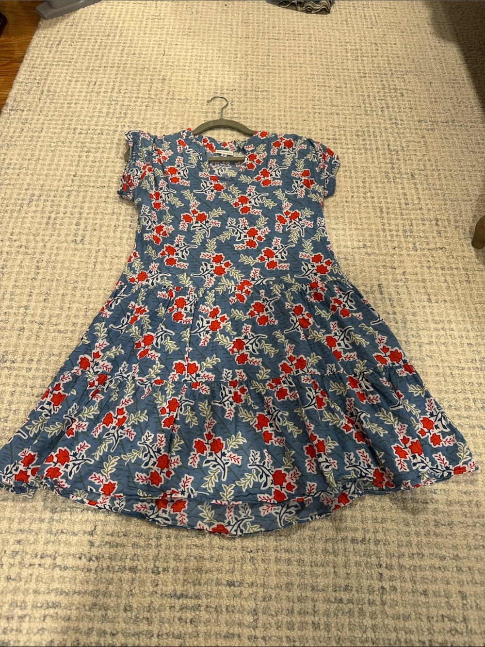 Blue Floral Short-Sleeve Dress with Red Flowers